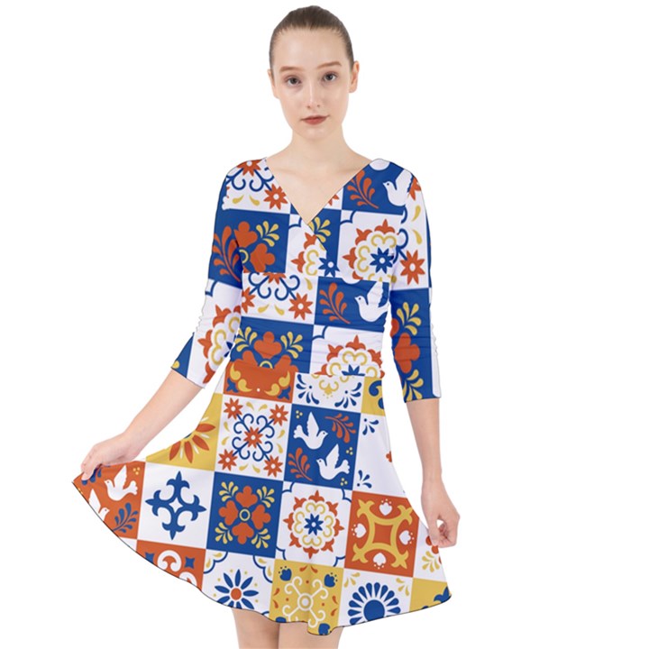 Mexican talavera pattern ceramic tiles with flower leaves bird ornaments traditional majolica style Quarter Sleeve Front Wrap Dress