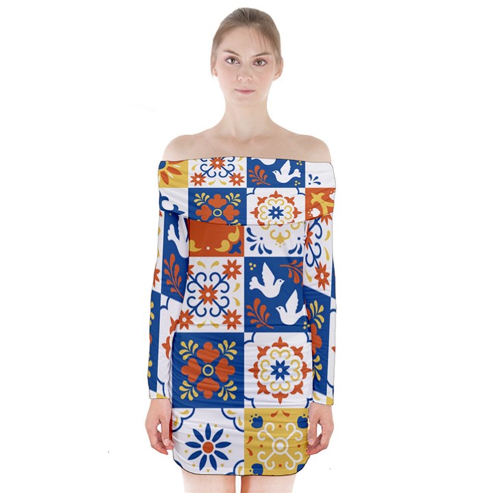 Mexican talavera pattern ceramic tiles with flower leaves bird ornaments traditional majolica style Long Sleeve Off Shoulder Dress