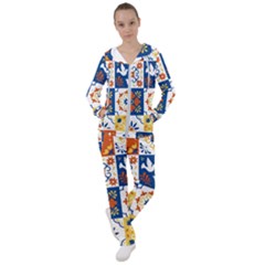 Mexican Talavera Pattern Ceramic Tiles With Flower Leaves Bird Ornaments Traditional Majolica Style Women s Tracksuit