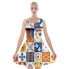 Mexican Talavera Pattern Ceramic Tiles With Flower Leaves Bird Ornaments Traditional Majolica Style Velvet Skater Dress by BangZart