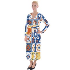 Mexican Talavera Pattern Ceramic Tiles With Flower Leaves Bird Ornaments Traditional Majolica Style Velvet Maxi Wrap Dress by BangZart