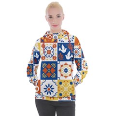 Mexican Talavera Pattern Ceramic Tiles With Flower Leaves Bird Ornaments Traditional Majolica Style Women s Hooded Pullover