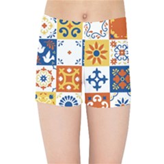 Mexican Talavera Pattern Ceramic Tiles With Flower Leaves Bird Ornaments Traditional Majolica Style Kids  Sports Shorts by BangZart