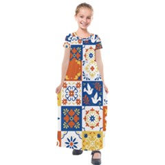 Mexican Talavera Pattern Ceramic Tiles With Flower Leaves Bird Ornaments Traditional Majolica Style Kids  Short Sleeve Maxi Dress by BangZart