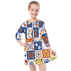 Mexican Talavera Pattern Ceramic Tiles With Flower Leaves Bird Ornaments Traditional Majolica Style Kids  Quarter Sleeve Shirt Dress by BangZart