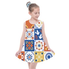 Mexican Talavera Pattern Ceramic Tiles With Flower Leaves Bird Ornaments Traditional Majolica Style Kids  Summer Dress by BangZart