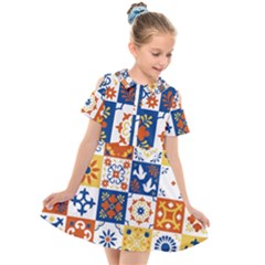 Mexican Talavera Pattern Ceramic Tiles With Flower Leaves Bird Ornaments Traditional Majolica Style Kids  Short Sleeve Shirt Dress by BangZart