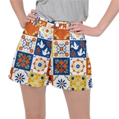 Mexican Talavera Pattern Ceramic Tiles With Flower Leaves Bird Ornaments Traditional Majolica Style Ripstop Shorts