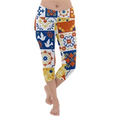 Mexican Talavera Pattern Ceramic Tiles With Flower Leaves Bird Ornaments Traditional Majolica Style Lightweight Velour Capri Yoga Leggings