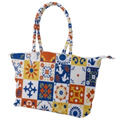 Mexican Talavera Pattern Ceramic Tiles With Flower Leaves Bird Ornaments Traditional Majolica Style Canvas Shoulder Bag