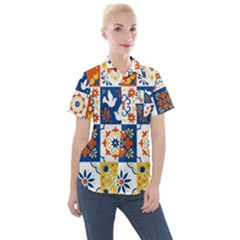 Mexican Talavera Pattern Ceramic Tiles With Flower Leaves Bird Ornaments Traditional Majolica Style Women s Short Sleeve Pocket Shirt