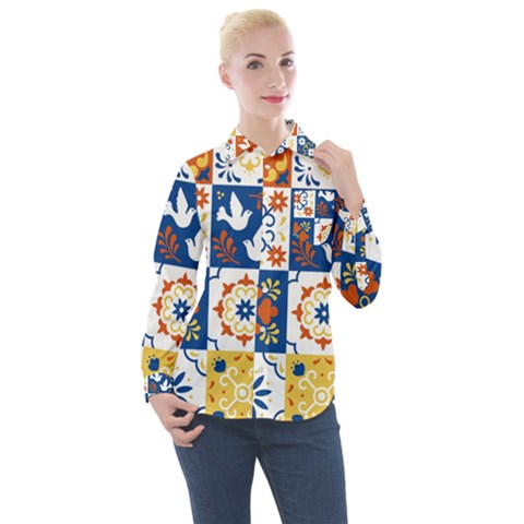 Mexican Talavera Pattern Ceramic Tiles With Flower Leaves Bird Ornaments Traditional Majolica Style Women s Long Sleeve Pocket Shirt by BangZart