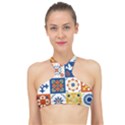 Mexican talavera pattern ceramic tiles with flower leaves bird ornaments traditional majolica style High Neck Bikini Top View1