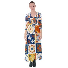 Mexican Talavera Pattern Ceramic Tiles With Flower Leaves Bird Ornaments Traditional Majolica Style Button Up Maxi Dress