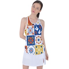 Mexican Talavera Pattern Ceramic Tiles With Flower Leaves Bird Ornaments Traditional Majolica Style Racer Back Mesh Tank Top