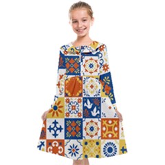 Mexican Talavera Pattern Ceramic Tiles With Flower Leaves Bird Ornaments Traditional Majolica Style Kids  Midi Sailor Dress by BangZart