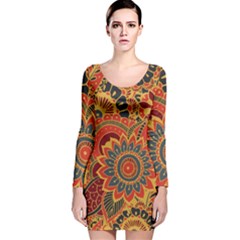 Bright Seamless Pattern With Paisley Elements Hand Drawn Wallpaper With Floral Traditional Long Sleeve Velvet Bodycon Dress