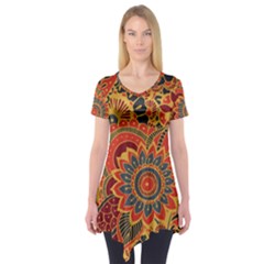 Bright Seamless Pattern With Paisley Elements Hand Drawn Wallpaper With Floral Traditional Short Sleeve Tunic  by BangZart