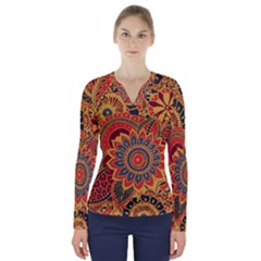 Bright Seamless Pattern With Paisley Elements Hand Drawn Wallpaper With Floral Traditional V-neck Long Sleeve Top by BangZart