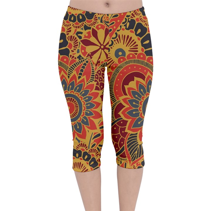 Bright seamless pattern with paisley elements hand drawn wallpaper with floral traditional Velvet Capri Leggings 