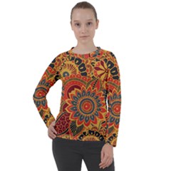 Bright Seamless Pattern With Paisley Elements Hand Drawn Wallpaper With Floral Traditional Women s Long Sleeve Raglan Tee