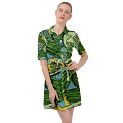 Seamless Pattern With Cucumber Slice Flower Colorful Hand Drawn Background With Vegetables Wallpaper Belted Shirt Dress by BangZart