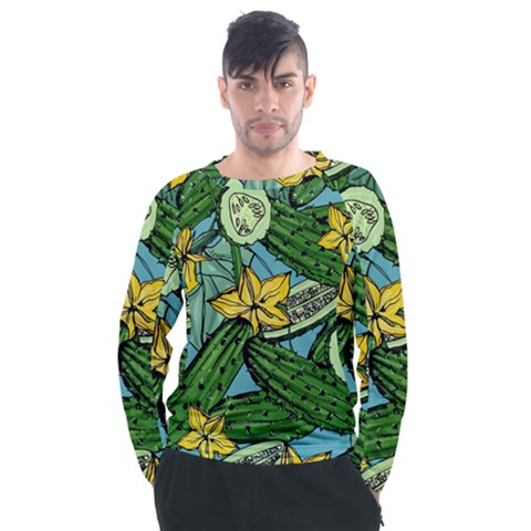 Seamless Pattern With Cucumber Slice Flower Colorful Hand Drawn Background With Vegetables Wallpaper Men s Long Sleeve Raglan Tee by BangZart