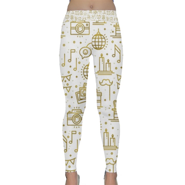 Birthday party seamless pattern gold party decor elements birthday cake gift confetti festive event  Classic Yoga Leggings