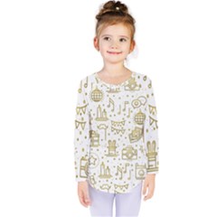 Birthday Party Seamless Pattern Gold Party Decor Elements Birthday Cake Gift Confetti Festive Event  Kids  Long Sleeve Tee