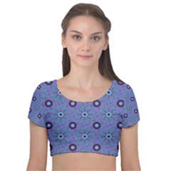 Floral Seamless Pattern Velvet Short Sleeve Crop Top 