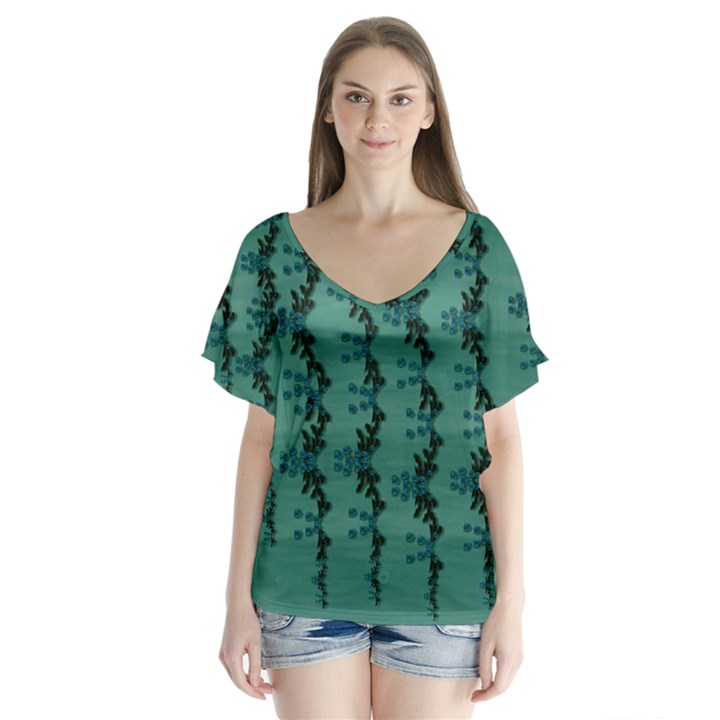 Branches Of A Wonderful Flower Tree In The Light Of Life V-Neck Flutter Sleeve Top