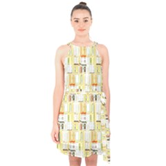 Abstract pattern Halter Collar Waist Tie Chiffon Dress