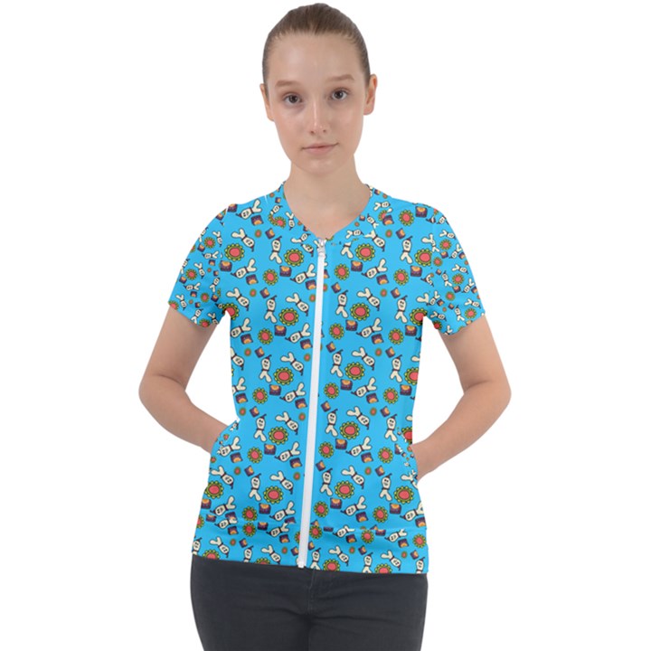 Clown Ghost Pattern Blue Short Sleeve Zip Up Jacket