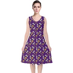 Clown Ghost Pattern Purple V-neck Midi Sleeveless Dress 