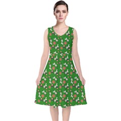 Clown Ghost Pattern Green V-neck Midi Sleeveless Dress 