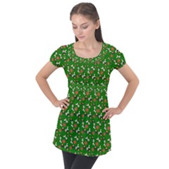 Clown Ghost Pattern Green Puff Sleeve Tunic Top