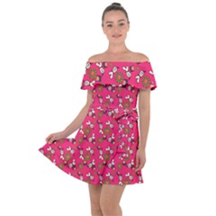 Clown Ghost Pattern Pink Off Shoulder Velour Dress