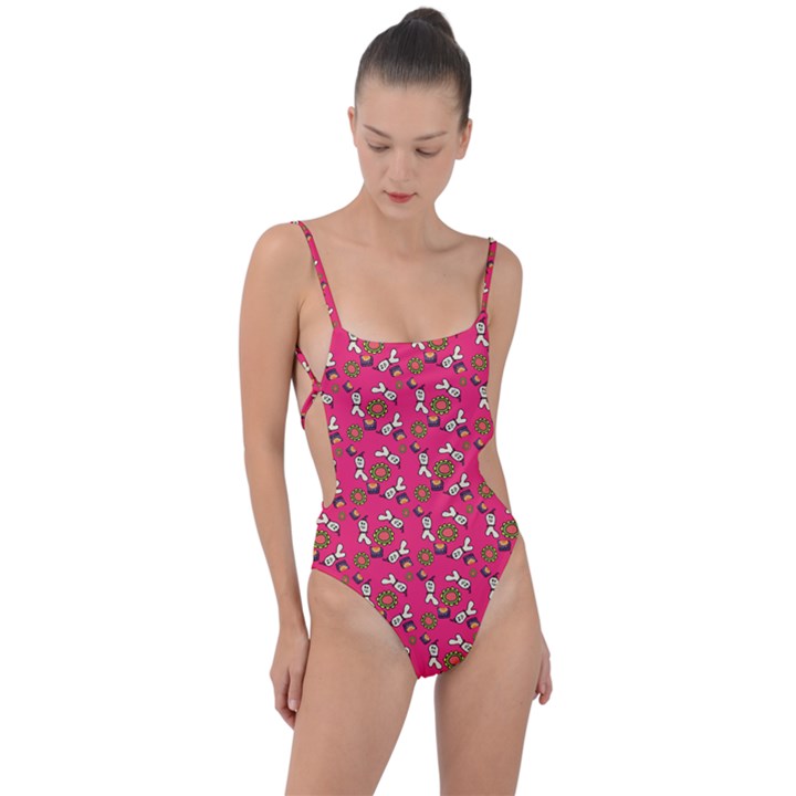 Clown Ghost Pattern Pink Tie Strap One Piece Swimsuit