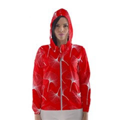 White Abstract Flowers On Red Women s Hooded Windbreaker by Dushan