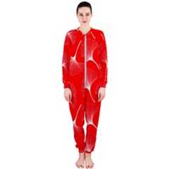 White Abstract Flowers On Red Onepiece Jumpsuit (ladies)  by Dushan