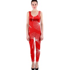 White Abstract Flowers On Red One Piece Catsuit by Dushan