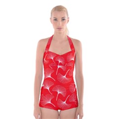 White Abstract Flowers On Red Boyleg Halter Swimsuit  by Dushan