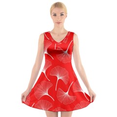 White Abstract Flowers On Red V-neck Sleeveless Dress by Dushan