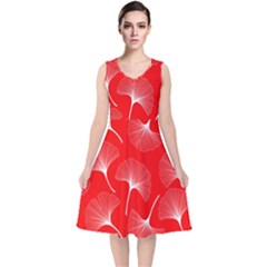 White Abstract Flowers On Red V-neck Midi Sleeveless Dress  by Dushan