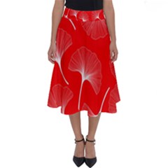 White Abstract Flowers On Red Perfect Length Midi Skirt by Dushan