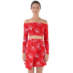 White Abstract Flowers On Red Off Shoulder Top With Skirt Set by Dushan