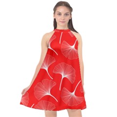 White Abstract Flowers On Red Halter Neckline Chiffon Dress  by Dushan