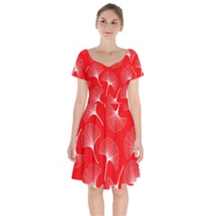 White Abstract Flowers On Red Short Sleeve Bardot Dress by Dushan