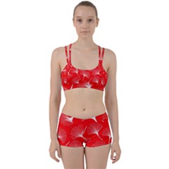 White Abstract Flowers On Red Perfect Fit Gym Set by Dushan