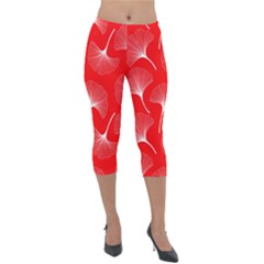 White Abstract Flowers On Red Lightweight Velour Capri Leggings  by Dushan